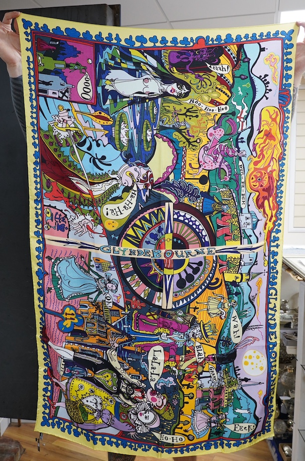 Grayson Perry, silk scarf, ‘Glyndebourne’, printed in Macclesfield with original label, Glyndebourne box and black tissue. Scarf 134cm x 67cm. Condition - scarf is in good condition, the box cover has broken has worn wit